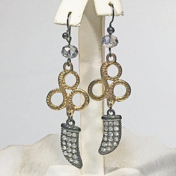 GUNMETAL & GOLD TONE SNAKE ANIMAL STYLE CHANDELIER LONG CRYSTAL EARRINGS 3" - Picture 1 of 9